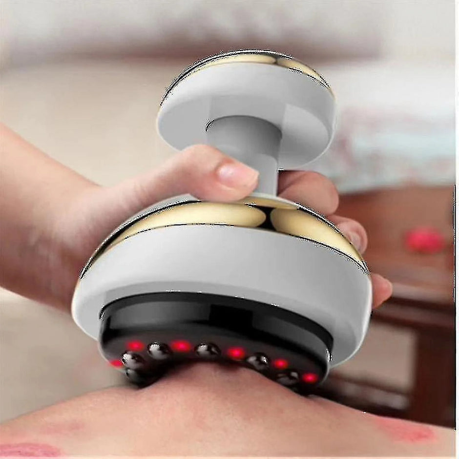 Handheld massager device being used on a wrist with a blurred background