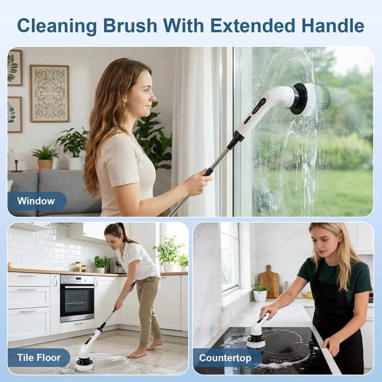 Cleaning brush with extended handle used for cleaning window, tile floor, and countertop.