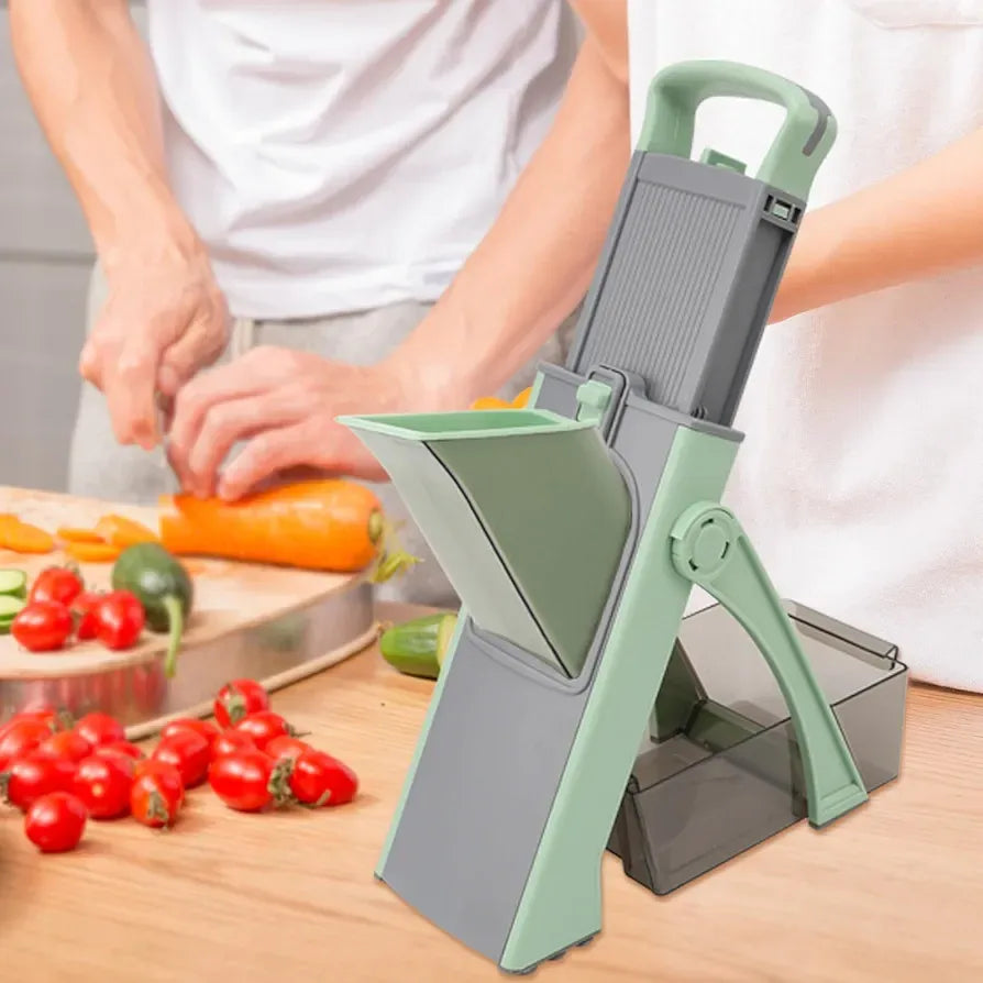 Vegetable chopper on a kitchen counter with vegetables and a person chopping.