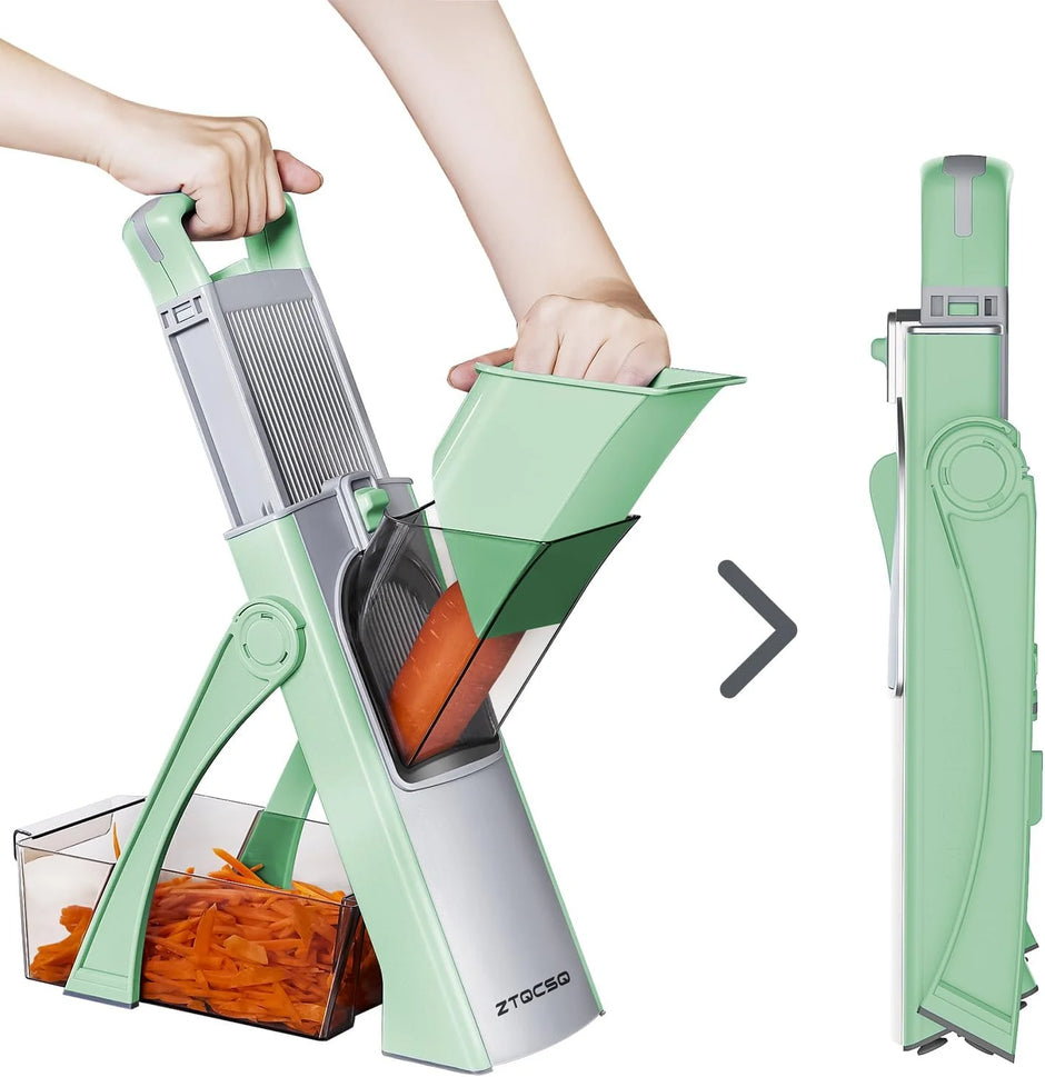 Green vegetable chopper with carrot being chopped, ZTCON brand visible