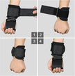 Black wrist wraps being worn on a person's wrist with each step of application shown.