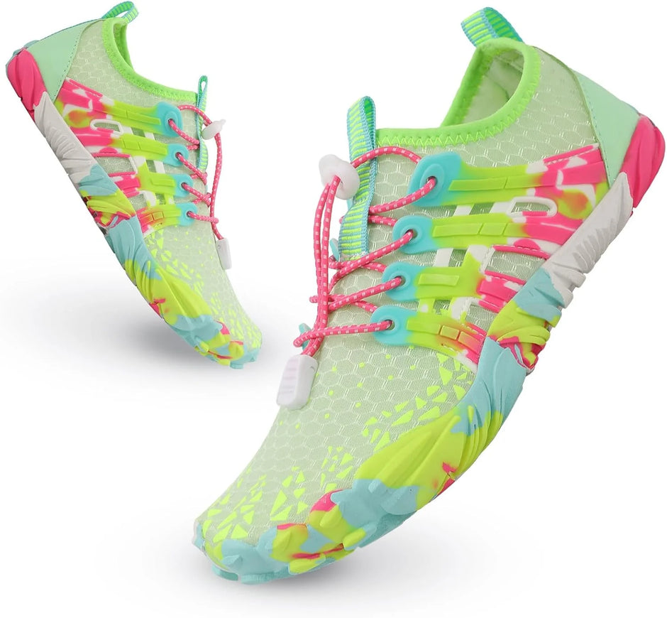 Colorful running shoes with pink laces on a white background