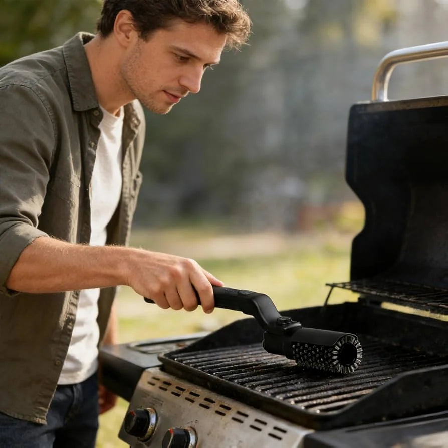 Man cleaning a grill with a brush outdoors
