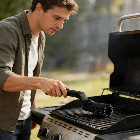 Man cleaning a grill with a brush outdoors