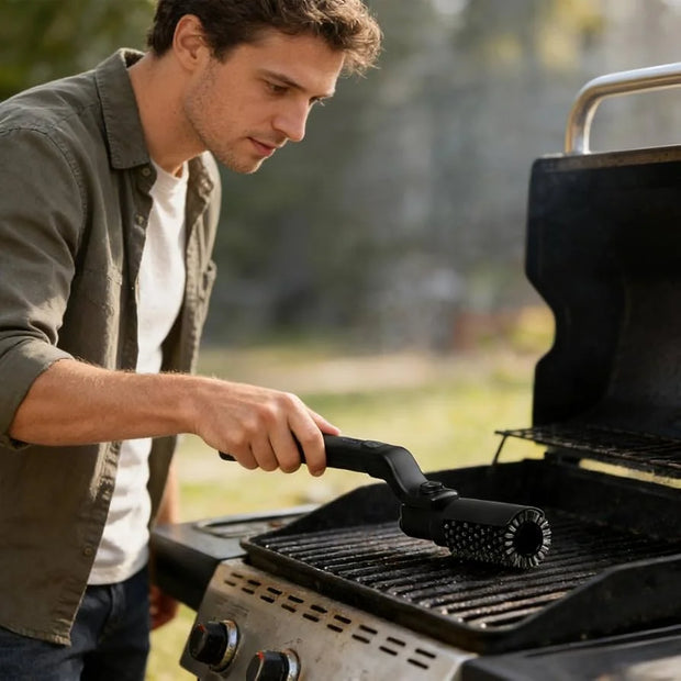 Man cleaning a grill with a brush outdoors