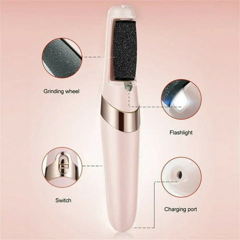 Portable grooming tool with labeled parts on a pink background