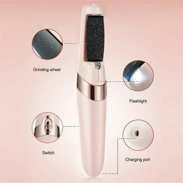 Portable grooming tool with labeled parts on a pink background