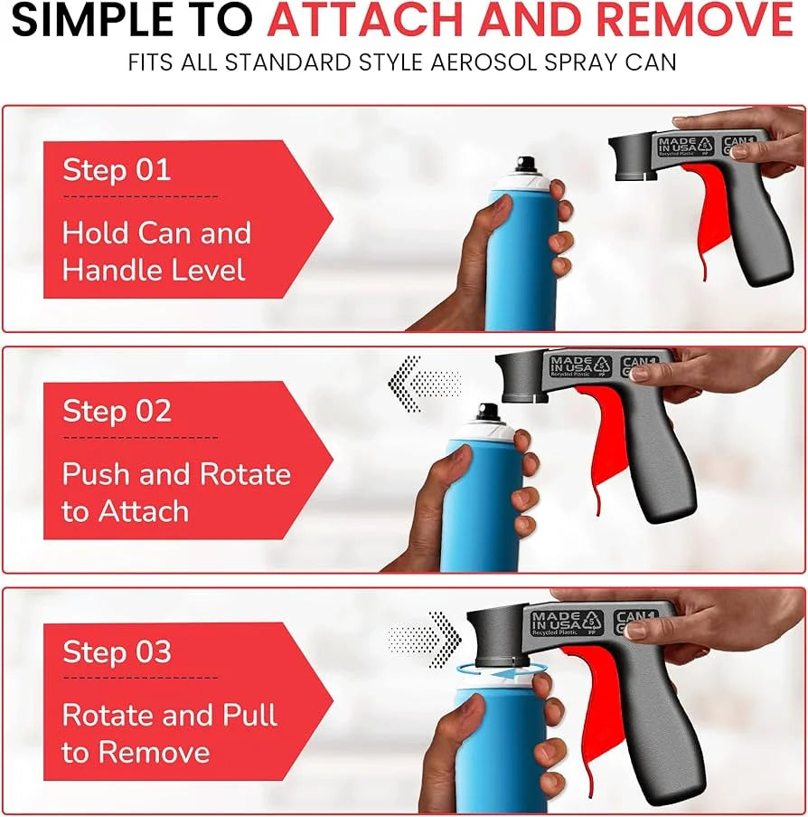 Instructions on how to attach and remove a spray can attachment, featuring hands holding a blue spray can and a black attachment.