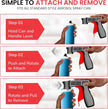 Instructions on how to attach and remove a spray can attachment, featuring hands holding a blue spray can and a black attachment.