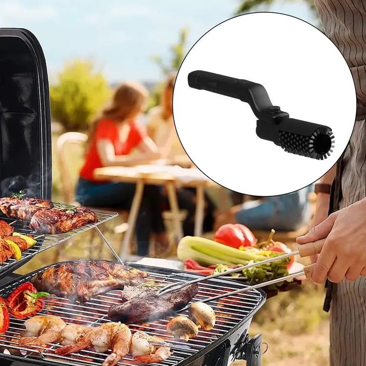 Person grilling outdoors with a close-up of a black grill brush.