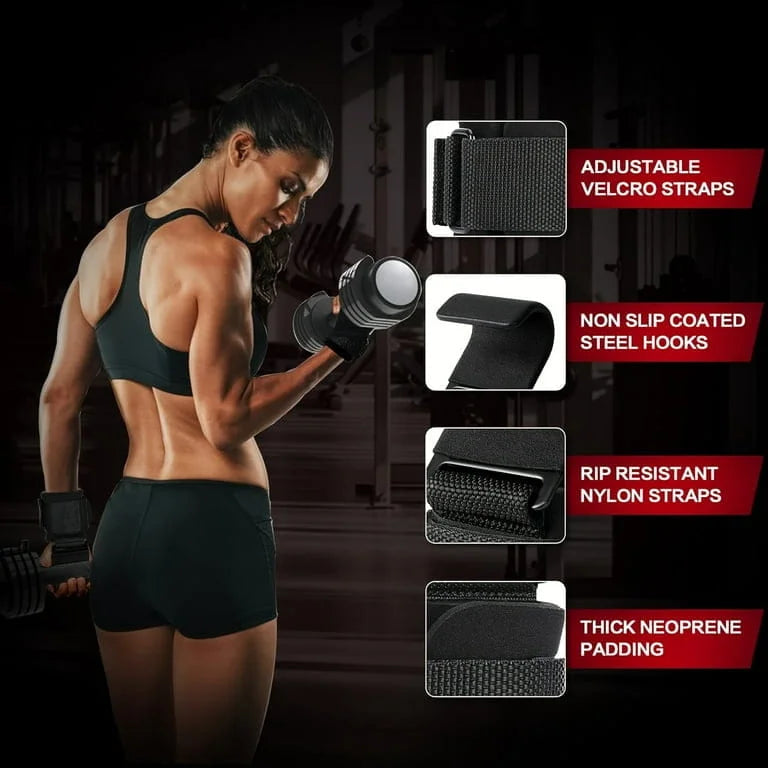 Woman exercising with weightlifting straps, highlighting product features on a dark background