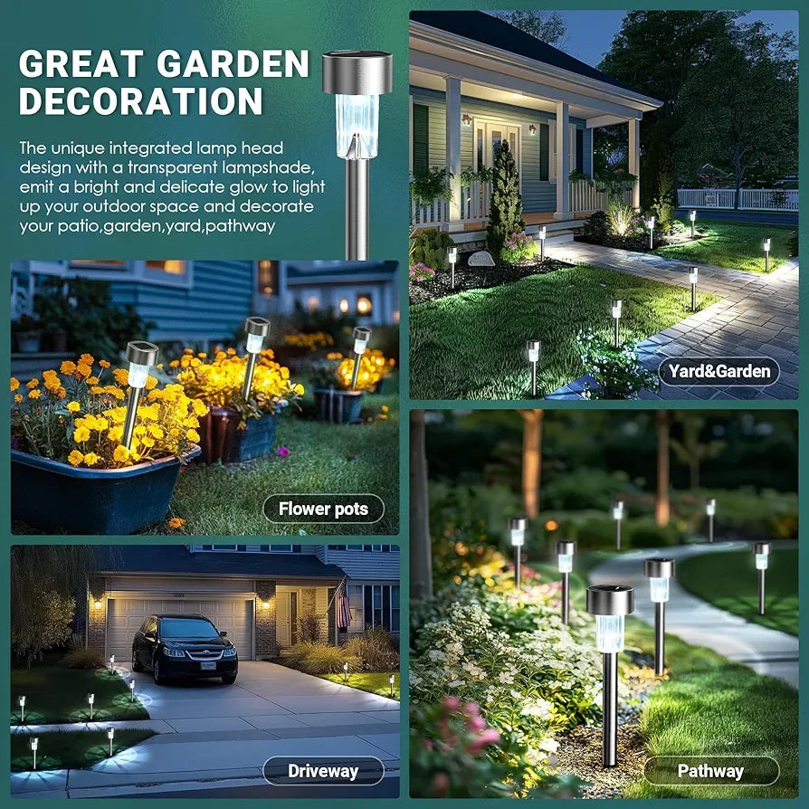 Solar-powered garden lights used in various outdoor settings including flower pots, driveway, and pathway.