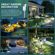 Solar-powered garden lights used in various outdoor settings including flower pots, driveway, and pathway.