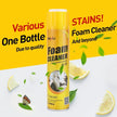Foam cleaner bottle with lemon slices and leaves on a yellow background