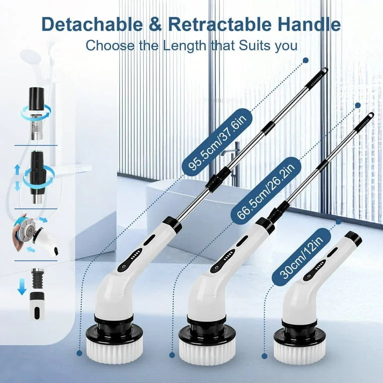 Set of cleaning brushes with detachable and retractable handles on a light blue background.