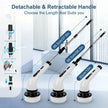 Set of cleaning brushes with detachable and retractable handles on a light blue background.