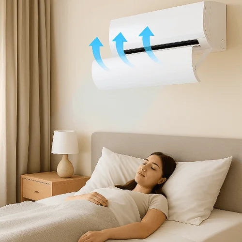Woman sleeping in a bedroom with an air conditioner above her head, showing airflow.