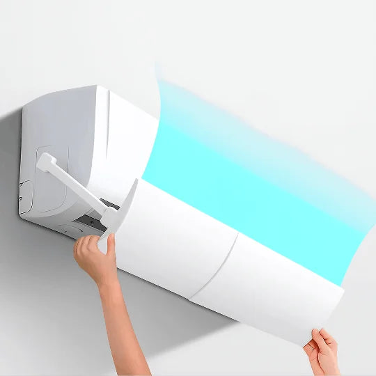 Person adjusting a wall-mounted air conditioner with a blue light effect