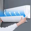 Person installing an air conditioner cover with blue arrows indicating airflow on a gray background
