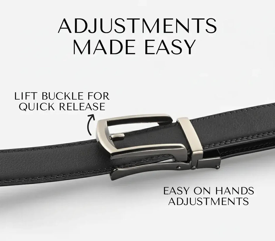 Black belt with silver buckle on a white background, showing how to lift the buckle for quick release.