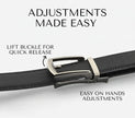 Black belt with silver buckle on a white background, showing how to lift the buckle for quick release.