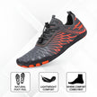 Gray and red athletic shoe on a white background with feature icons below.