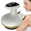 Woman using a white and gold massage device on her shoulder against a white background