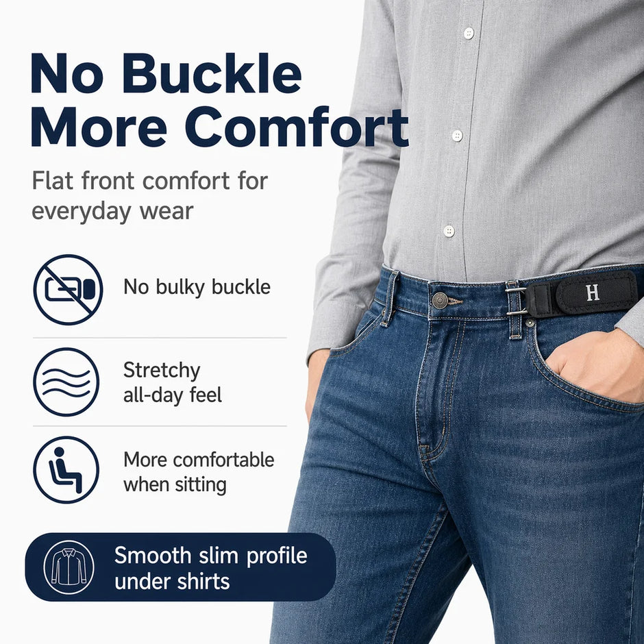 Person wearing blue jeans with a belt, highlighting features like 'No Buckle More Comfort' on a white background.