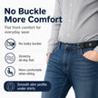 Person wearing blue jeans with a belt, highlighting features like 'No Buckle More Comfort' on a white background.