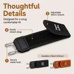 Black strap with adjustable velcro closure, elastic stretch strap, and metal hook on a beige background.