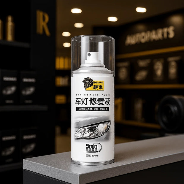 Car headlight repair liquid spray can on a shelf in an auto parts store.