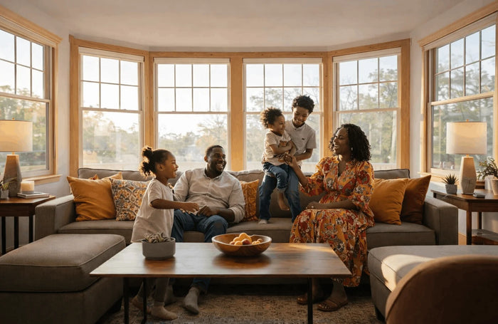 Family of four sitting on a couch in a bright living room with large windows.