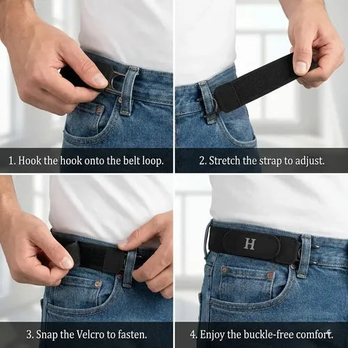 Step-by-step guide on how to use a belt with a hook and strap, featuring a person adjusting a black belt with a 'H' logo.
