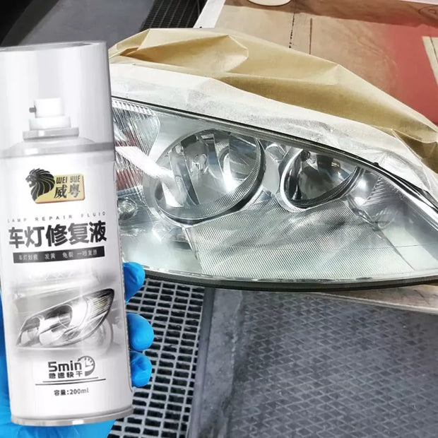 Car headlight repair fluid can with a car headlight in the background