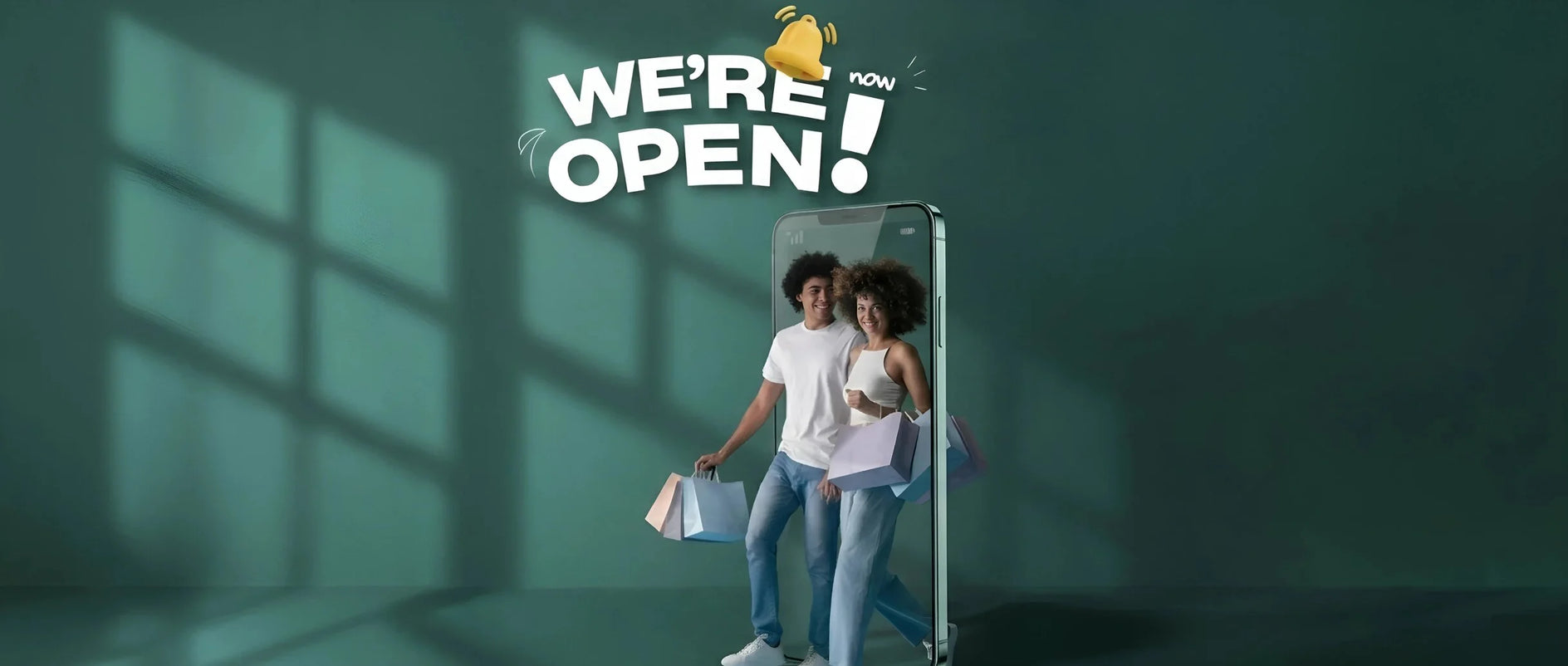 Two people standing in front of a door with 'We're Open' sign and shopping bags.