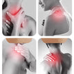 Illustrations of a person experiencing shoulder and neck pain with red highlights on a white background.