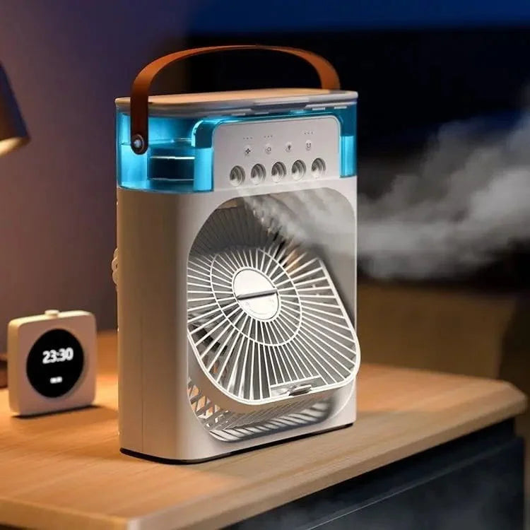 Portable air conditioner on a wooden surface with a digital clock in the background