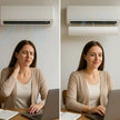 Woman experiencing discomfort from an air conditioner on one side, and comfort on the other, with a laptop on a desk.
