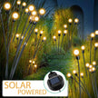 Solar-powered outdoor lights in a garden setting with grass and plants.