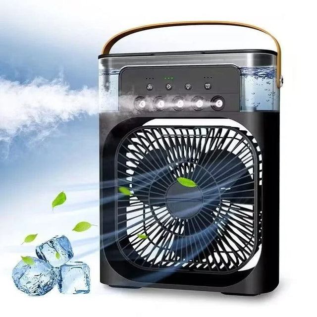 Portable air conditioner with fan blades and ice cubes on a blue sky background