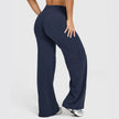 Navy blue wide-leg pants worn by a person on a white background