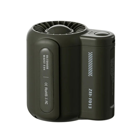WindForce Pro waist fan securely clipped to a belt for hands-free outdoor cooling in Green color.