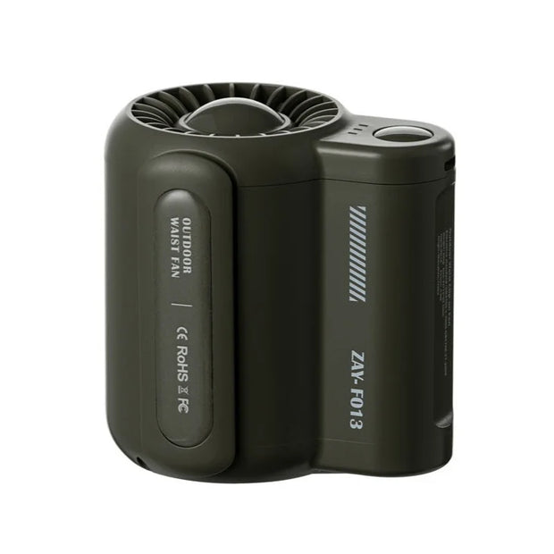 WindForce Pro waist fan securely clipped to a belt for hands-free outdoor cooling in Green color.