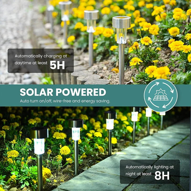 Solar-powered garden lights with charging and lighting duration information in a garden setting.