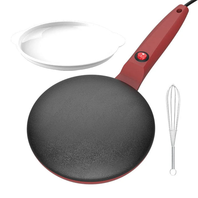 Red electric frying pan with a whisk on a white background