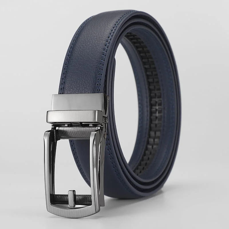 Blue leather belt with silver buckle on a light gray background