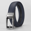 Blue leather belt with silver buckle on a light gray background