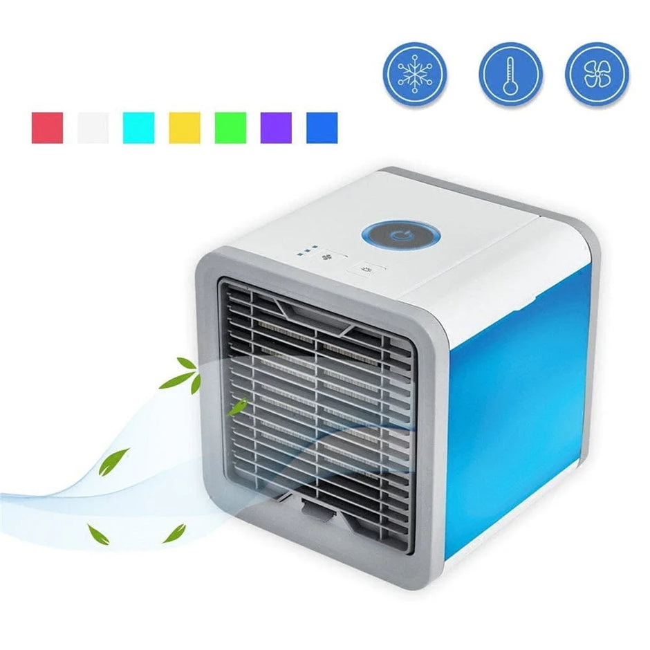 Portable air conditioner with color swatch and icons on a white background
