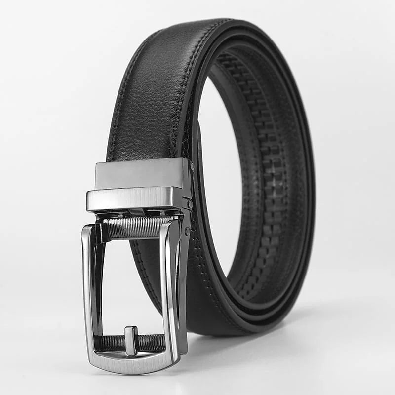 Black leather belt with silver buckle on a light gray background
