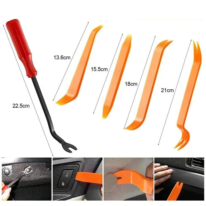 Set of car removal tools with measurements and usage examples on a white background